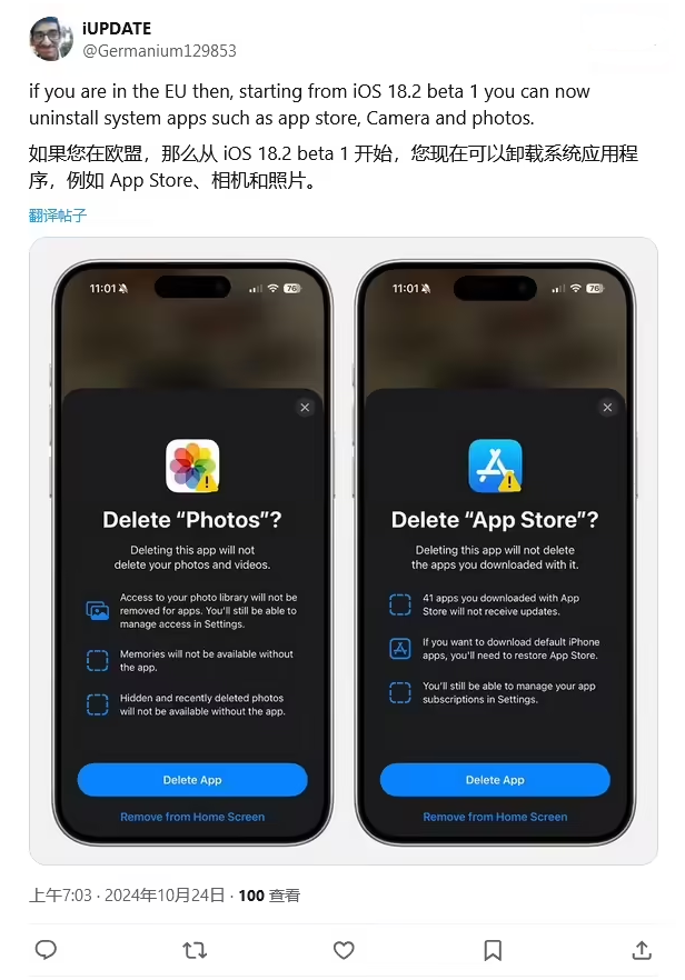 宜阳苹果手机维修分享iOS 18.2 支持删除 App Store 应用商店 